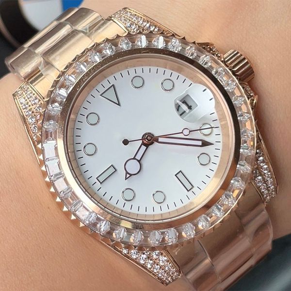 

diamond watch mens watch rose gold wristwatch automatic movement waterproof 40mm stainless steel strap fashion wristwatches, Slivery;brown