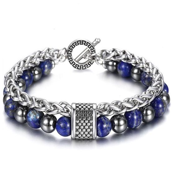 

8mm double layers stone beaded bracelet for men boys lapis lazuli hemitate metal lava stone stainless steel cable chain tbx00109 y5592300, Black