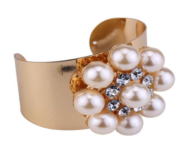 

wholefashion ins luxury designer exaggerated wide beautiful diamond crystal pearl open bangle bracelet for woman6262683, Black