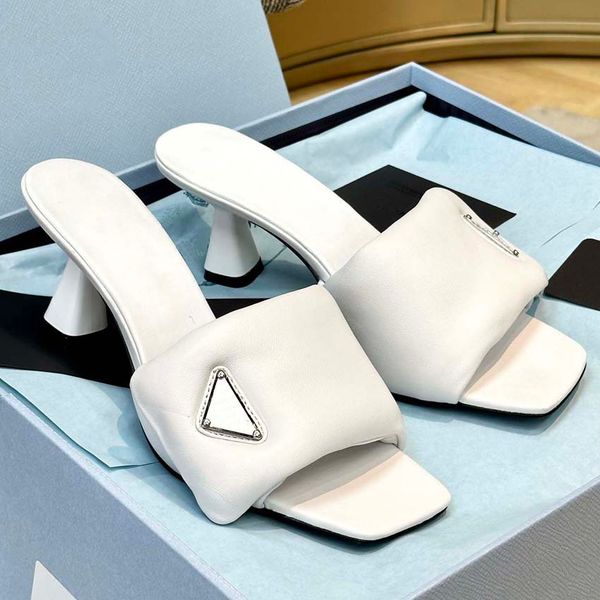 

casual shoes luxury women sandals square toe slippers sheep leather metal triangle leather sole 6.5cm shoe sheepskin slides, Black