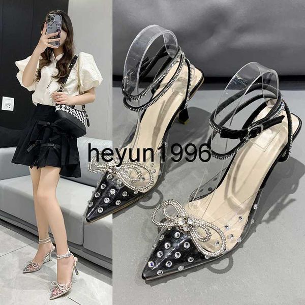 

2022 spring/summer new fashion rhinestone high sandals with bow knot pointed thin heel slim belt women's shoes, Black