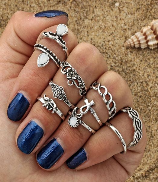 

10 pcsset selling moon flower elephant joint ring set antique silver plated vintage bohemian turkish fashion women accessorie6675566, Golden;silver