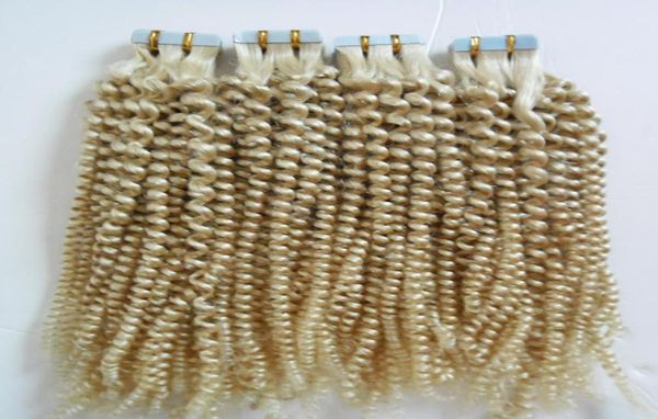 

200g mongolian kinky curly tape in human hair extensions 613 blonde tape in extensions 80pcs loose curly remy tape in hair extens8115241, Black