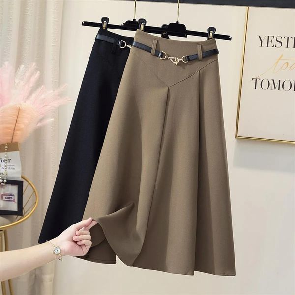 

dresses office ladies solid color casual long skirts with belt autumn women fashion midi loose skirts female high waist aline skirts, Black;gray