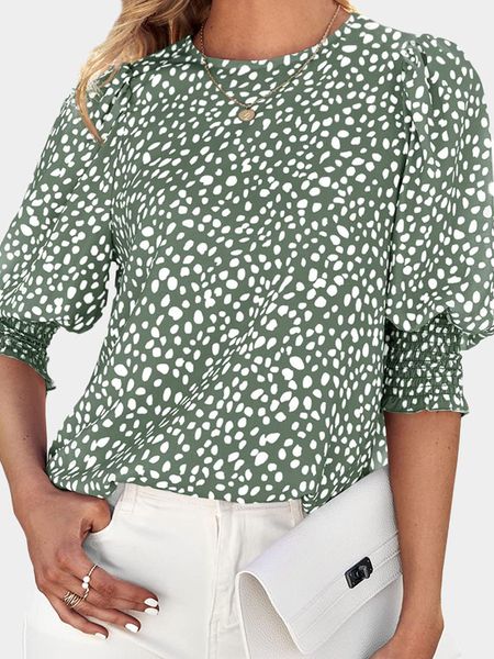 

fashion leopard print shirred cuff 3/4 sleeve blouses elegant women, White