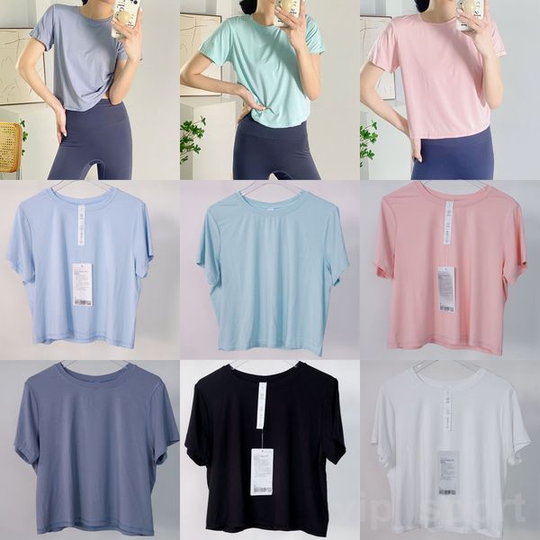 

lu align lu yoga running short sleeved sport women tshirt fitness bare waist swiftly tech quick dry running gym oversize shirt lady tee brea, White;red