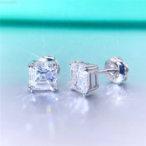 

four prong claw vvs moissanite screw back bling asscher cut diamond gemstone studs earrings, Golden
