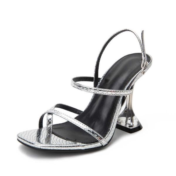 

sandals new design silver snake grain transparent perspex crystal high heels women peep toe ankle buckle strap shoe 230511, Black