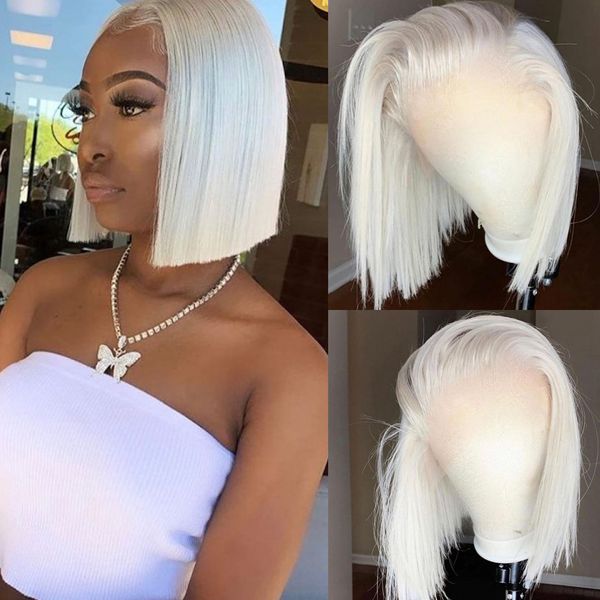 

Brazilian Hair 13X4 #60 Color White/Platium Blonde Bob Front Pre Plucked Straight Synthetic Lace Frontal Wig For Women, Ombre color