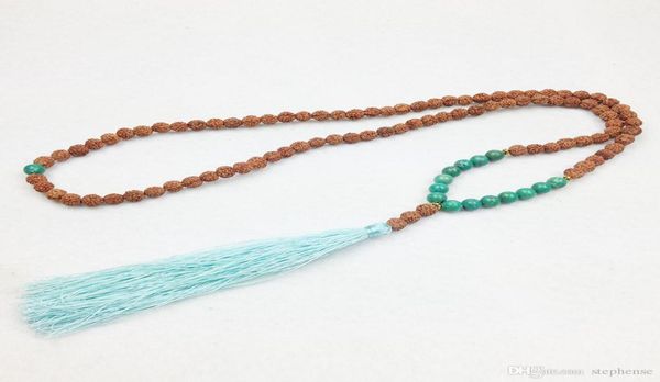 

st0246 turquoise 108 mala beads necklaces third eye chakra necklace bohemian tassel necklace knotted stone jewelry8505292, Silver