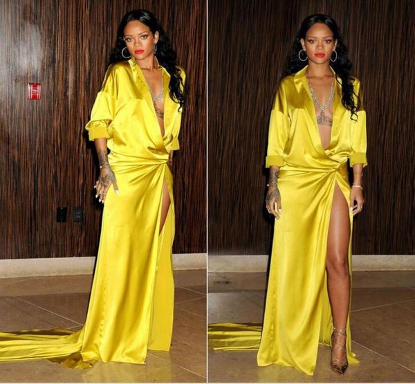 

fashion yellow deep v neck evening dresses with slit side long sleeve sweep train red carpet celebrity dress custom made7420854, Black;red