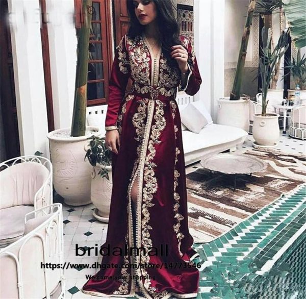 

burgundy moroccan kaftan evening dresses long sleeves lace appliques formal party pageant gowns muslim arabic prom dress robes de 1116071, Black;red