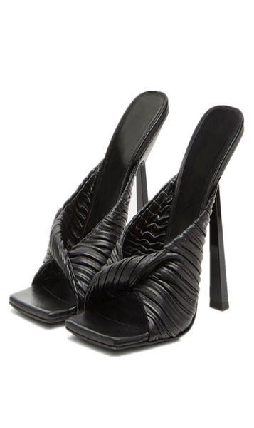 

new women039s leather highheeled slippers with fashionable stilettos and pleated squaretoed sandals size 3444 black6175589, Black