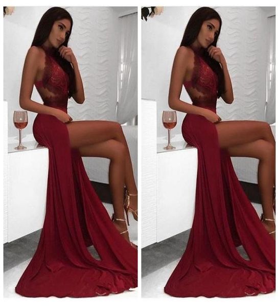

burgundy mermaid prom dresses long 2018 lace high side split evening gowns chiffon formal party wear robe de soiree8253184, Black