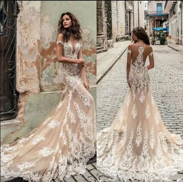 

champagne julie vino wedding dresses off shoulder deep plunging neckline bridal gowns sweep train lace wedding dress custom made, White