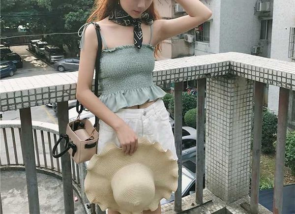 

moq pcs size korean women's clothing summer new tied with wood ear elastic fold wrapped chest small sling vestqxn, White