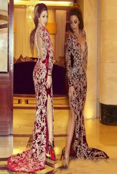 

lebanon high split evening dresses burgundy mermaid plunging v neck lace applique long sleeves arabic celebrity party prom go2102874, Black