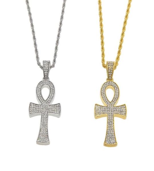 

egyptian ankh key of life gold silver cross pendant necklace chain bling full rhinestone crystal cross pendant punk jewelry8537783