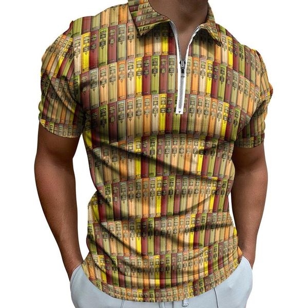 

men's polos books library polo shirts bookshelf print casual shirt summer streetwear mens short sleeve turn-down collar design t-shirts, White;black