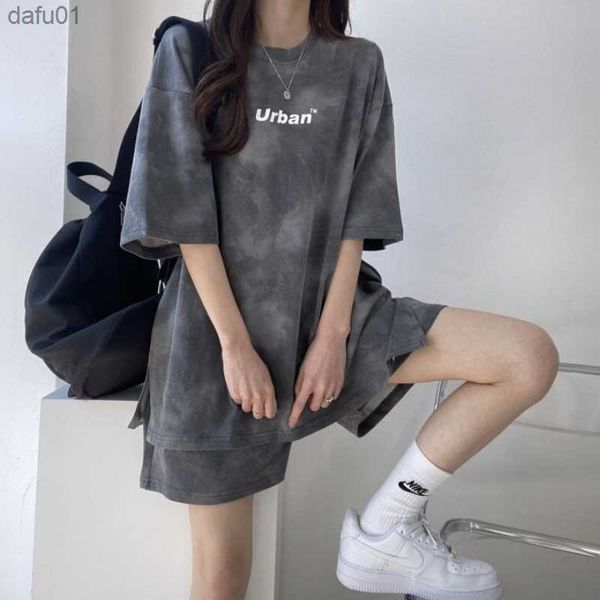

women's sports suit summer short sleeve shorts casual two piece set tie dye loose fashion pants suit thin korean za l230520, White;black
