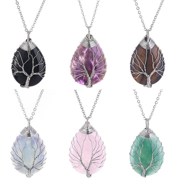 

life tree water drop pendant diy necklace natural crystal stone necklace fashion accessories without chain, Silver