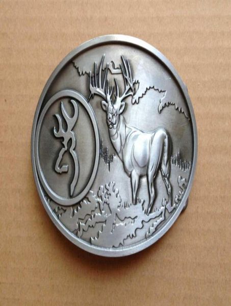 

deer in the woods full boby oval belt buckle suitable for 4cm wideth snap on belt swb3107224200, Slivery;black