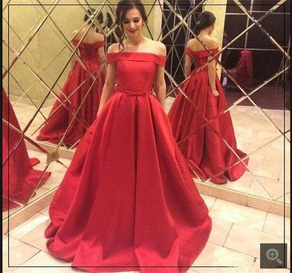 

elegant evening dresses 2019 off the shoulders bateau sleeveless red satin prom dress lace up back floor length party gowns with b7299914, Black;red