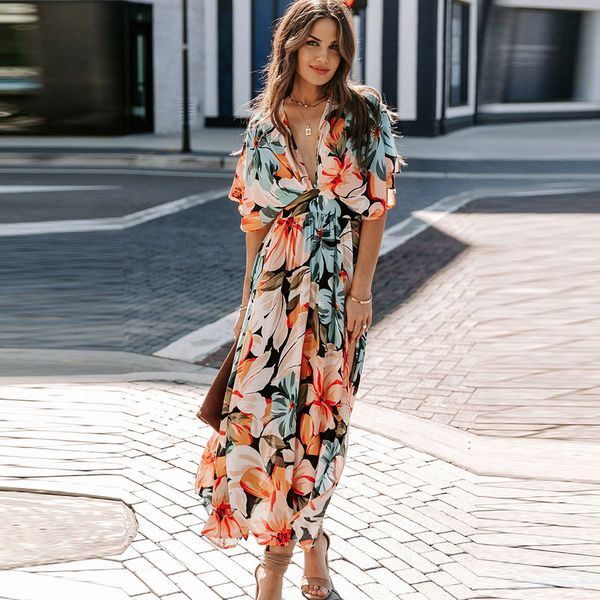 

elastic waist v-neck short-sleeved summer casual dresses, Black;gray