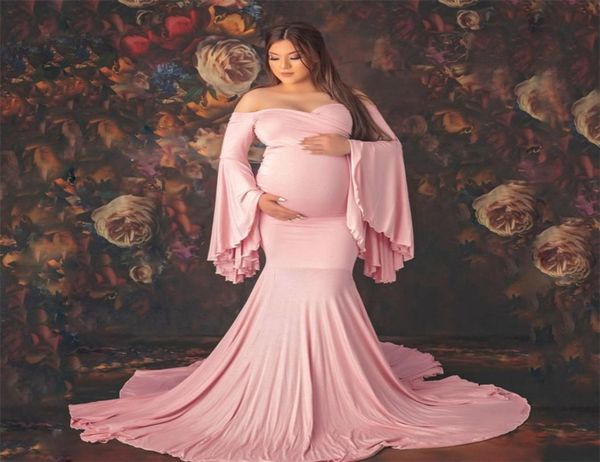 

maternity pography props maternity gown po shoot boho shoulderless bell sleeves maxi long dress pregnancy mermaid6837787, White