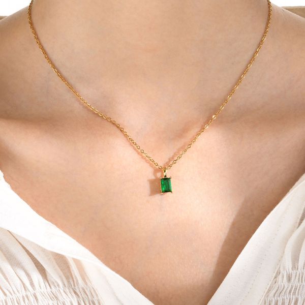 

women's necklace personalized and trendy stainless steel square cubic zirconia pendant necklace with extended chain jewelry party gift, Silver