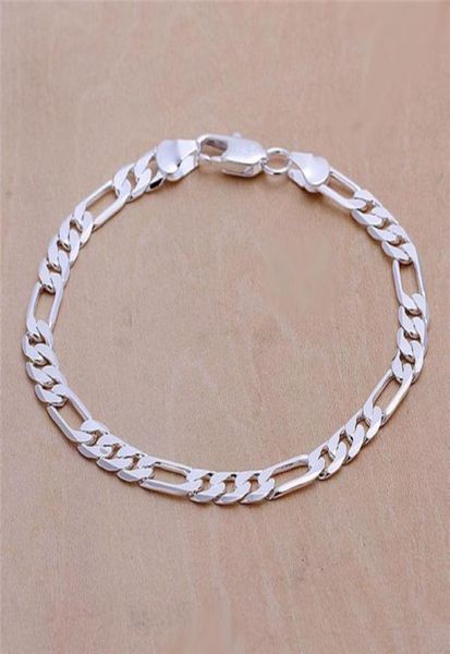 

6mm figaro chain bracelet plated 925 sterling silver men fashion jewelry length 20cm 1935669, Black