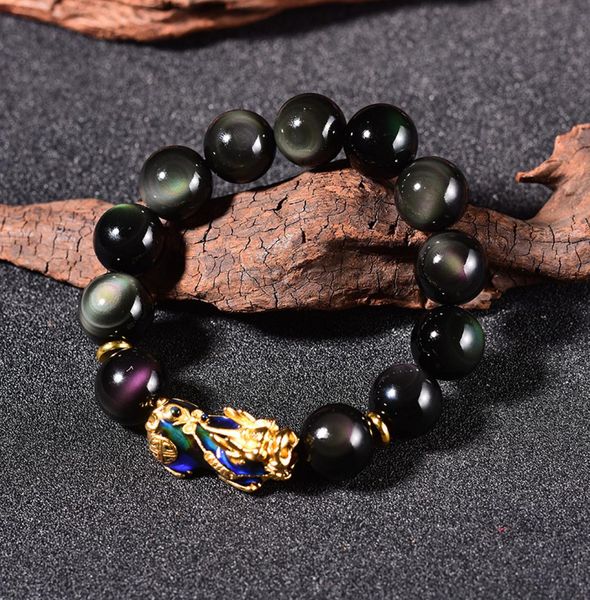 

feng shui natural obsidian with temperature discoloration pixiu gold bracelet fashion jewelry j26636346281, Black