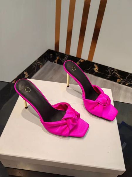 

new metal heel slippers fashion matching fine heel super knot silk women's slippers genuine leather sole 35-42, Black