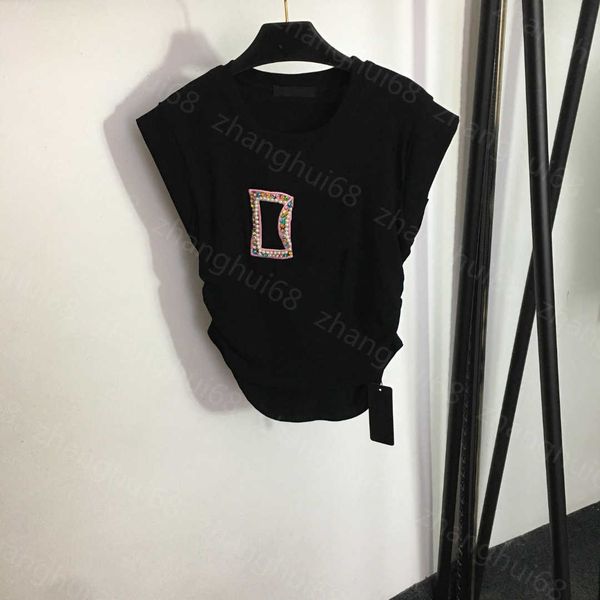 

23ss womens designer clothing tee womens t-shirt round neck pure cotton pearl colored diamond-encrusted letter draw pleated slim-fit vest wo, White
