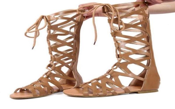 

sandals 2021 roman gladiator bandage women knee high flat sandalias botas femininas shoes girls summer hollow ankle boot13320580, Black