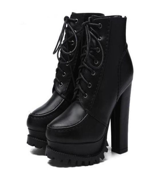 

fashion women gothic boots lace up ankle boots platform punk shoes ultra very high heel bootie block chunky heel size 34393585791, Black