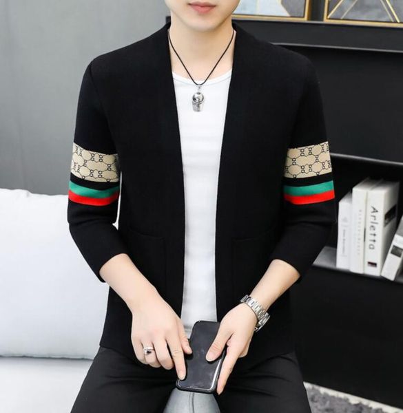 

mens sweater coat luxury cardigan high-end warm stripe stitching knitted outerwear fashion v-neck sweaters plus size 4xl, White;black