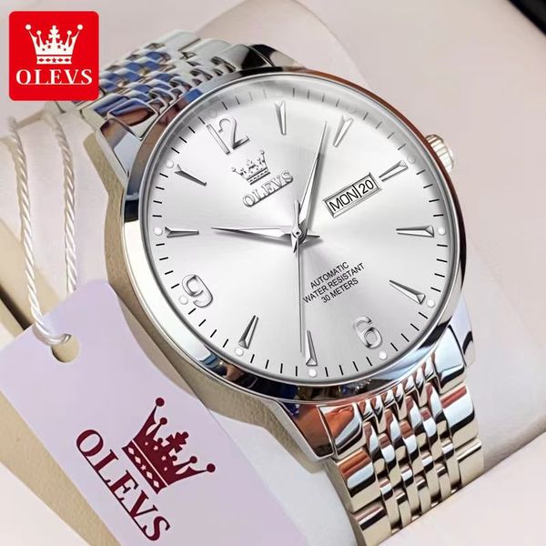 

olevs men's watch fully automatic mechanical business double calendar night glow 41mm men's watch, Slivery;brown