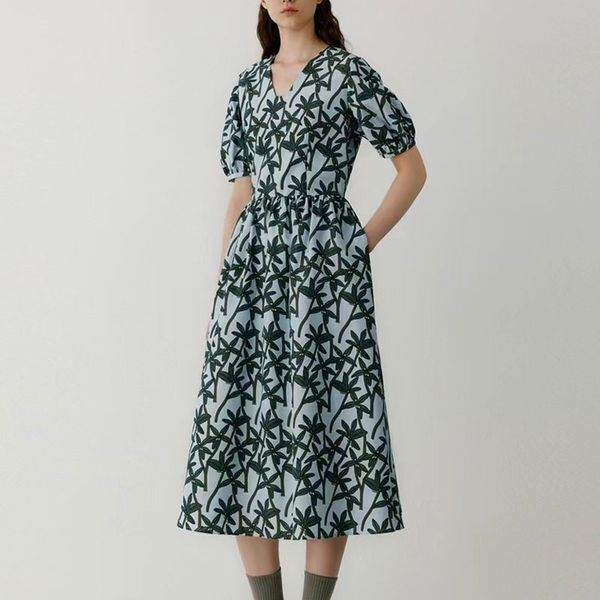 

designer dress elegant women's vacation style mid length dress palm tree print v-neck short sleeve robe, Black;gray