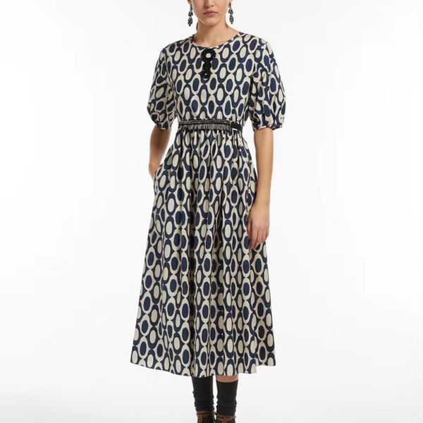 

2023 summer silk dress women's short sleeve waist over knee long dress circular printed silk short sleeve robe, Black;gray