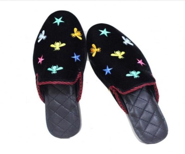

fashion velvet colorful bees half slippers men lazy shoes outdoor cover toe slides mens casual shoes flats2379351, Black