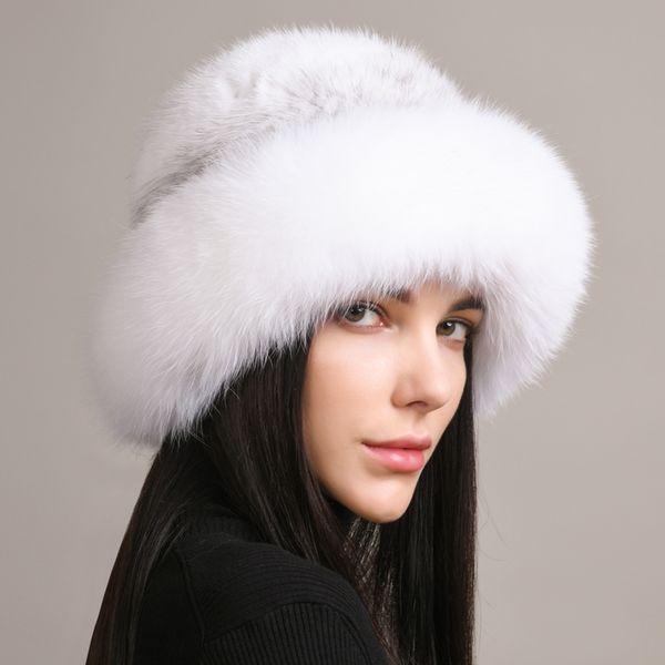 

women's real mink fur hat knitted bowler hat hat winter warm outdoor beanie cap w fox fur brim, Blue;gray