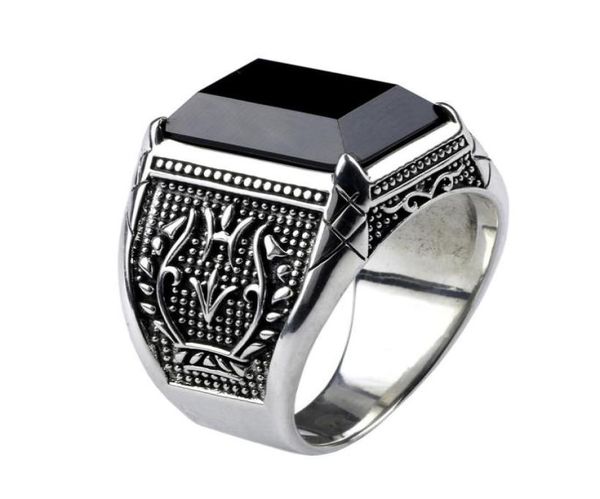 

vintage ring men real pure 925 sterling silver jewelry black obsidian natural stone rings for mens punk rock fashion y18907053157149, Slivery;golden