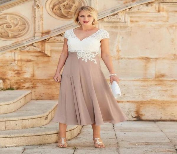

tea length chiffon a line mother of the bride dresses 2019 v neck short sleeves white lace formal party gowns5398939, Black;red