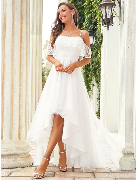 

high low short wedding dress 2023 off shoulder short sleeve lace bridal party gowns bride dresses beach vestido de noiva, White