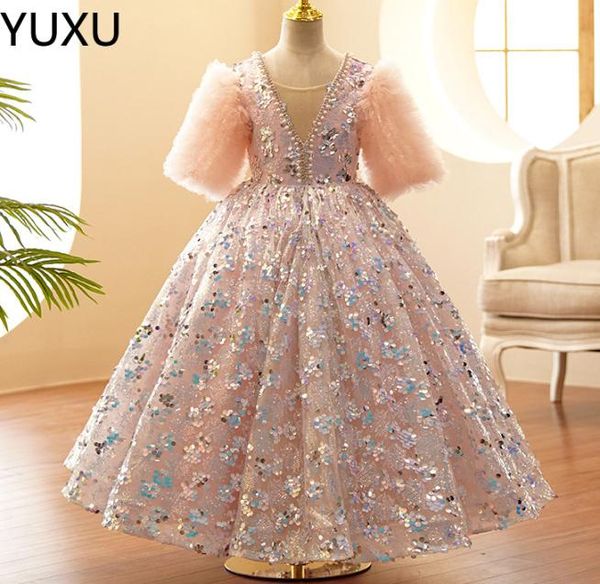 

bling sequined lace little kids flower girl dresses princess jewel neck tulle applique puffy floral formal wears party communion p4896547, White;blue