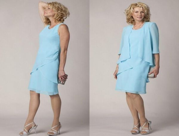 

light sky blue chiffon sheath knee length mother of the bride dresses 34 long sleeves scoop wedding guest dresses groom party gow3218381, Black;red