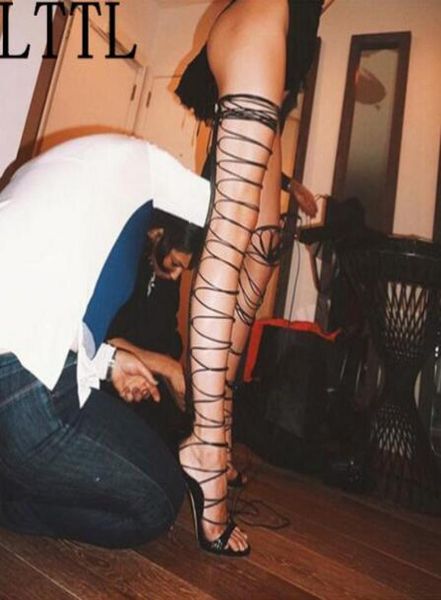 

dentelle audessus du genou gladiateur sandales talons hauts riri sandales croix bretelles stiletto cuissardes bottes chaus3421101, Black