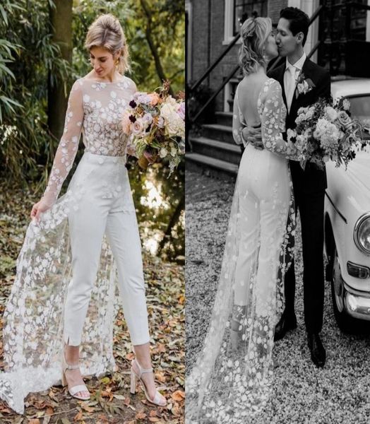 

open back pant suit wedding party bride gowns 2022 applique lace long sleeves bridal wedding dresses b0603g077874288, White