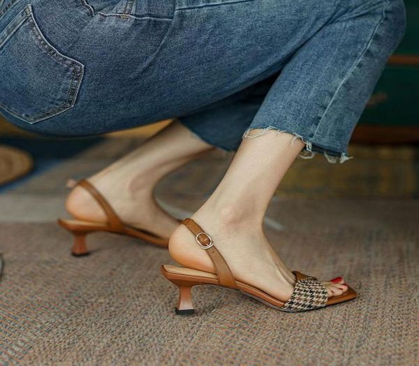 

sandals apanzu 2021 summer shoes women square toe thin heel french open toes houndstooth high for2270926, Black